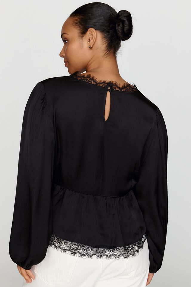 By Anthropologie Satin Lace Trimmed Plunge Blouse #6