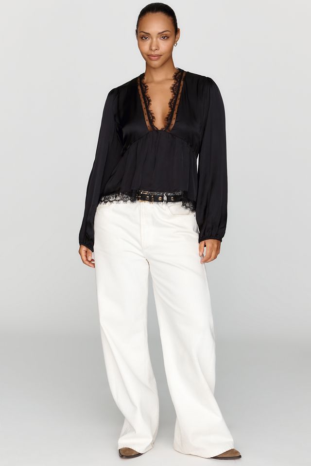 By Anthropologie Satin Lace Trimmed Plunge Blouse #7