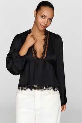 By Anthropologie Satin Lace Trimmed Plunge Blouse