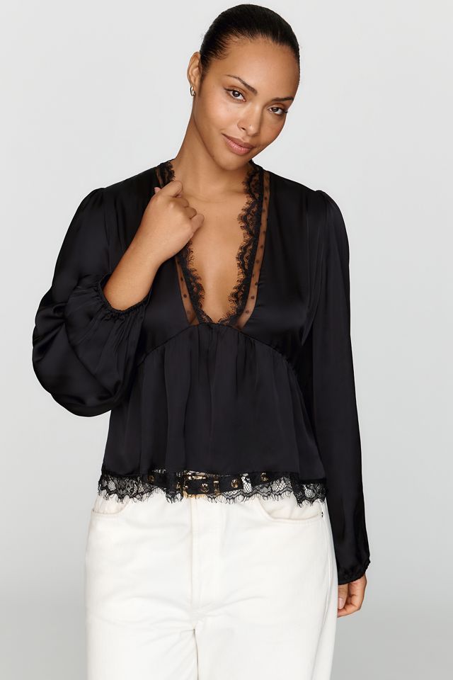 By Anthropologie Satin Lace Trimmed Plunge Blouse #4