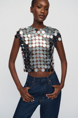 By Anthropologie Chainmail Mirrored Sequined Top by Anthropologie