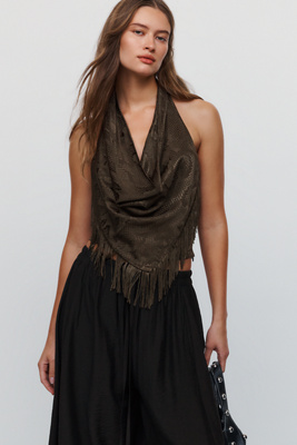 Maeve Satin Cowl Neck Fringed Halter Top by Anthropologie