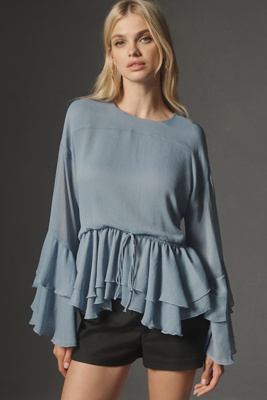 Shop By Anthropologie Long-sleeve Ruffled Tunic Blouse In Blue