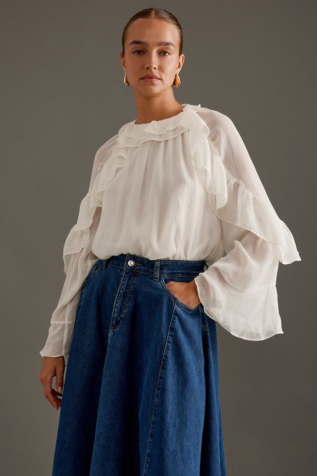 `Anthropologie factory Women's Othilia Ruffled Blouse Puffed Sleeves in Blue Size Medium