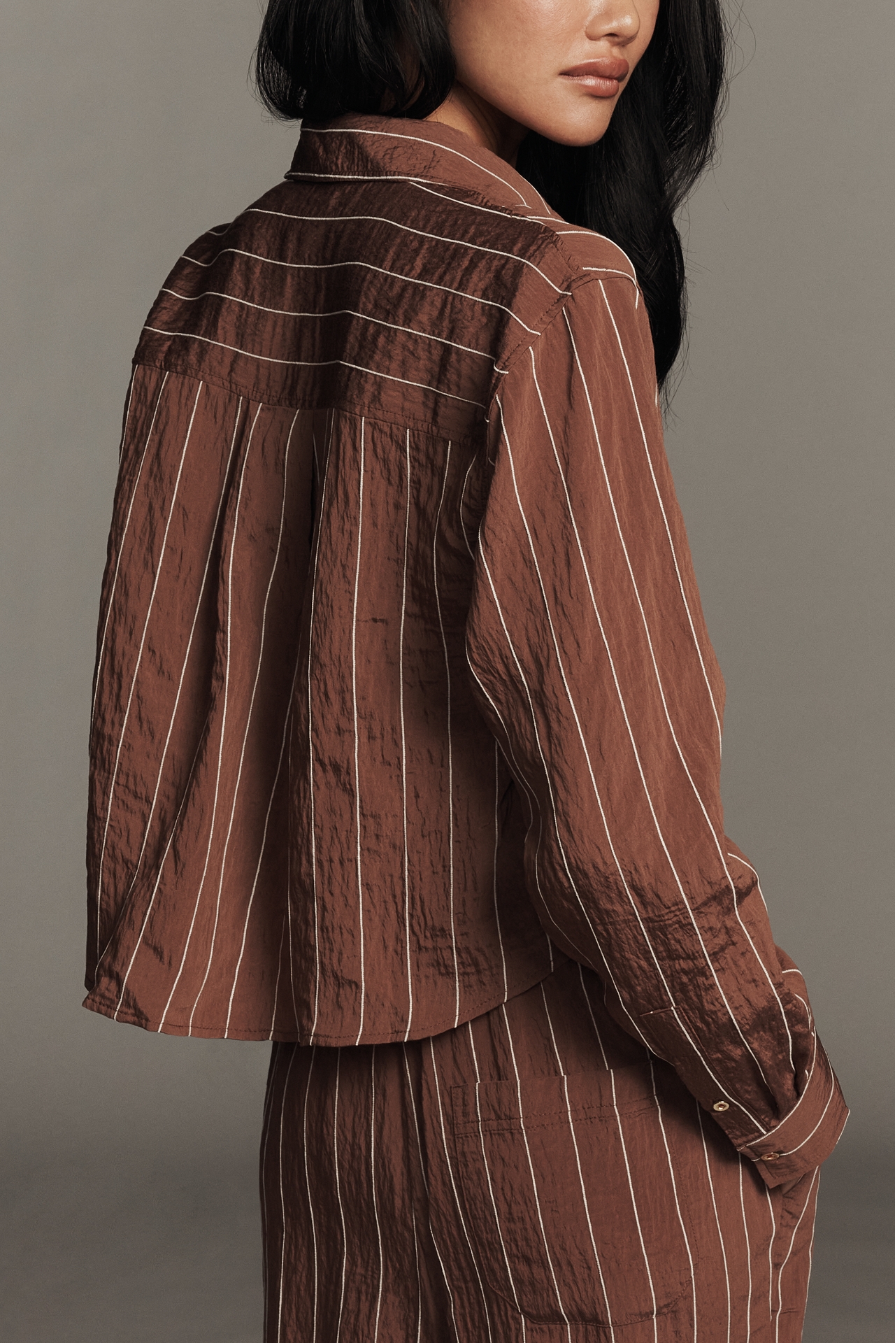 Maeve Pinstripe Silky Buttondown Crop Top
