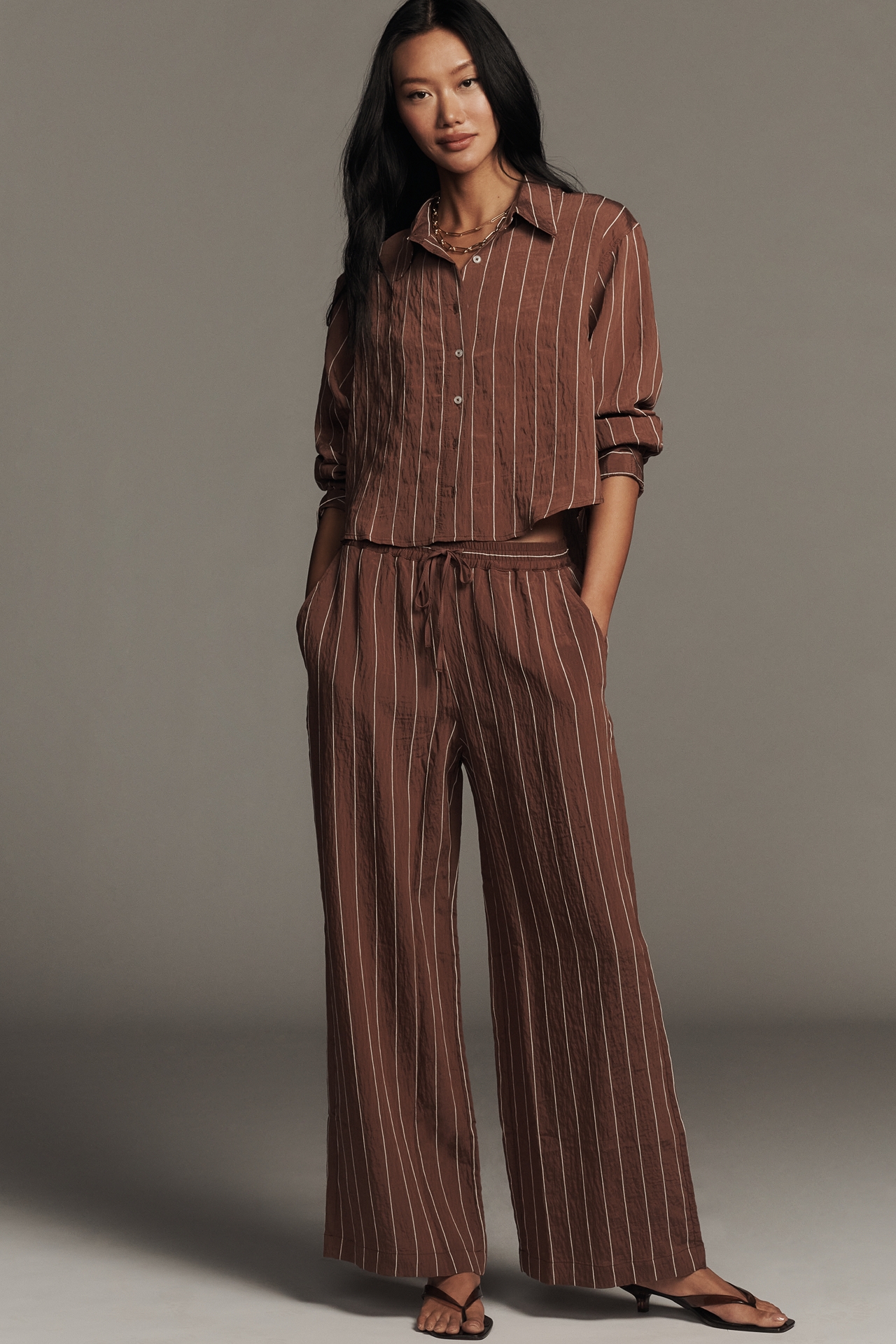 Maeve Pinstripe Silky Buttondown Crop Top