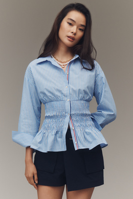 Maeve Long-sleeve Smocked-waist Blouse In Blue