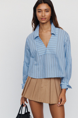 Maeve Cotton Poplin Blend Cropped Henley by Anthropologie