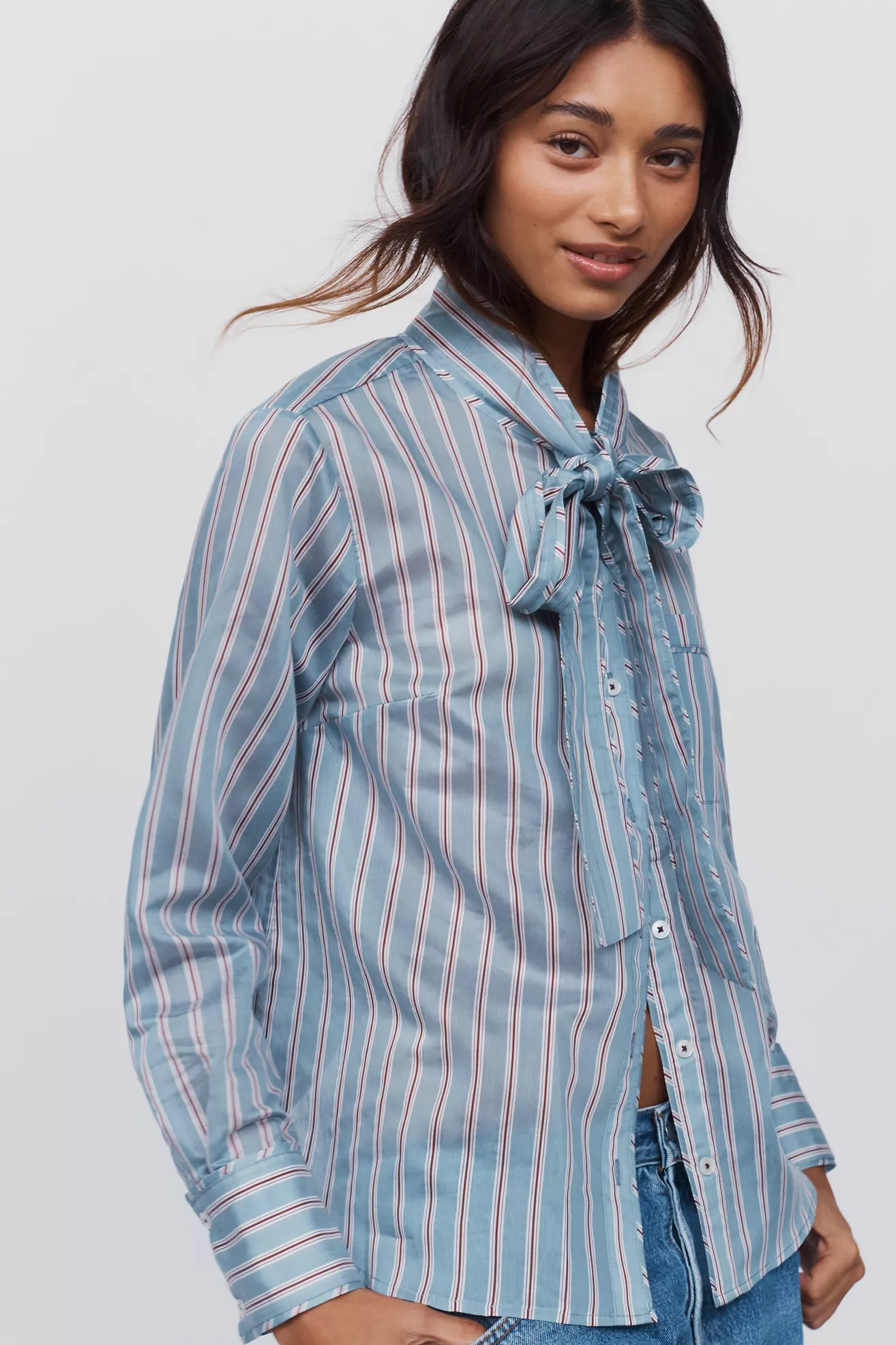 Maeve Striped Tie-Neck Blouse