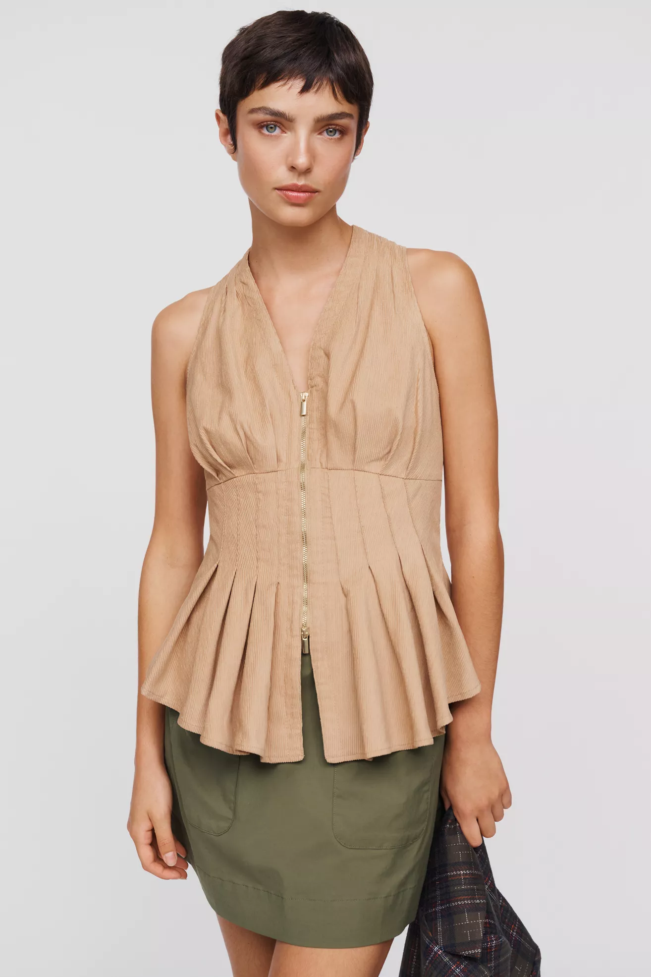 Maeve Viki Corduroy Zip-Front Peplum Top