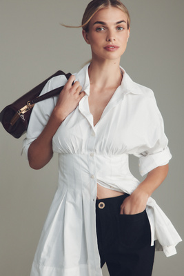 Maeve Long-sleeve Cinched Buttondown Shirt In White