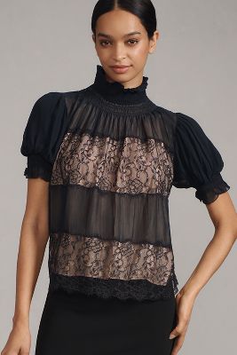 Shop By Anthropologie High-neck Lace Swing Blouse In Black