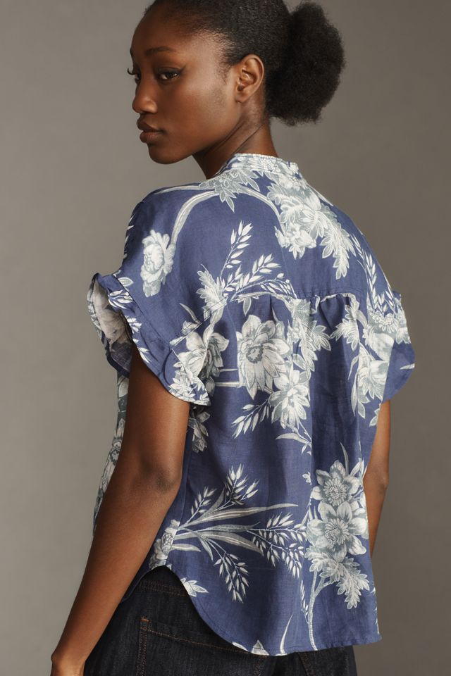 Pilcro Short-Sleeve Smocked Linen Buttondown Blouse #1
