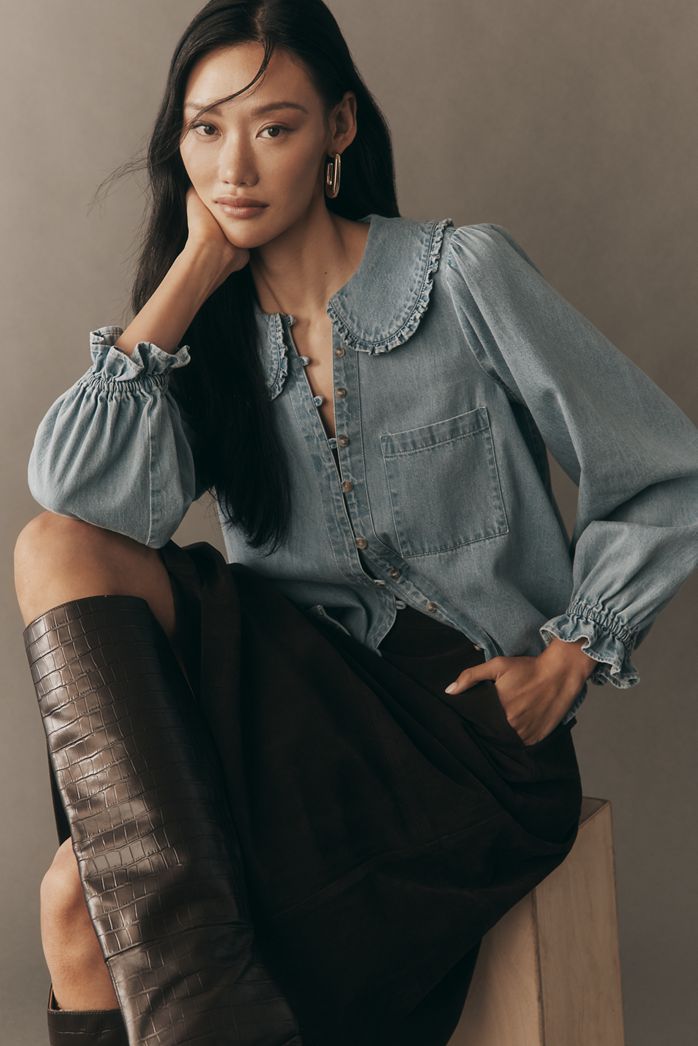 The Keira Collared Button-Front Blouse by Pilcro: Long-Sleeve Denim Edition