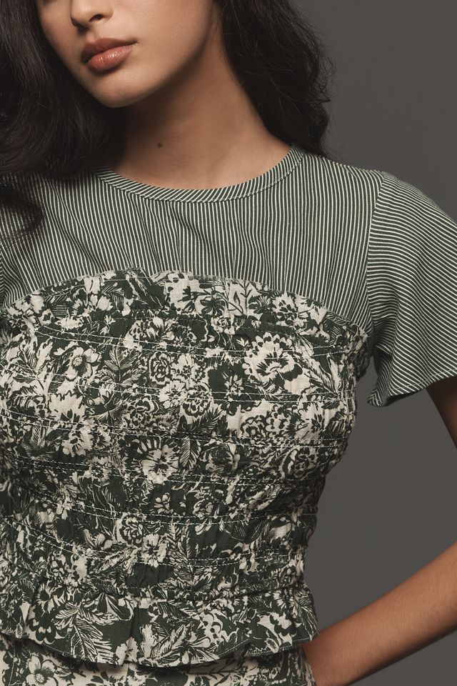 By Anthropologie Short-Sleeve Smocked Linen Twofer Top #2