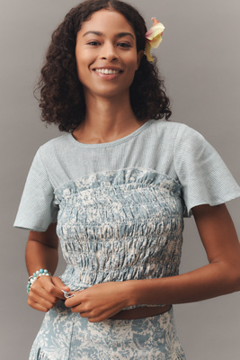 By Anthropologie Short-Sleeve Smocked Linen Twofer Top