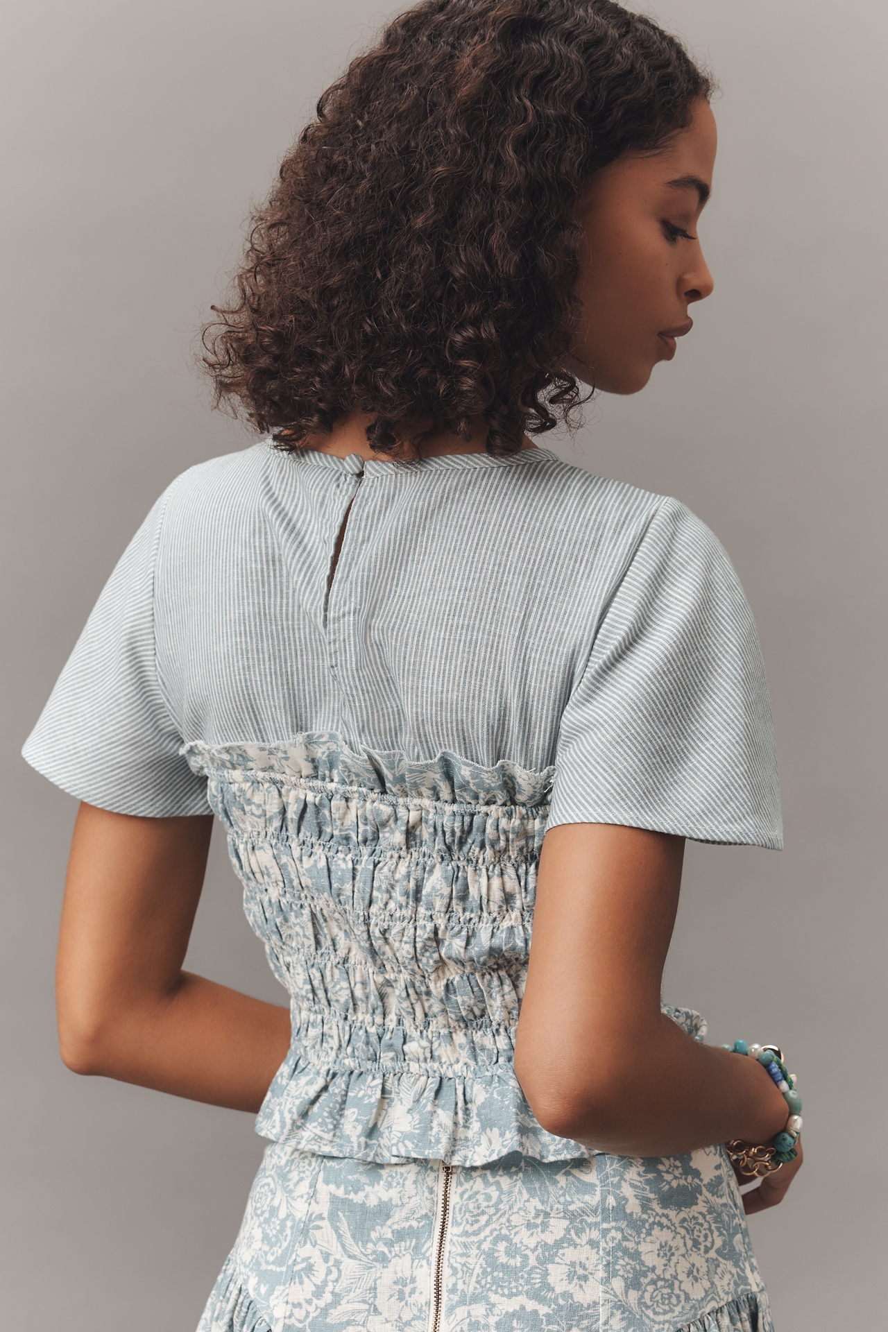 By Anthropologie Short-Sleeve Smocked Linen Twofer Top
