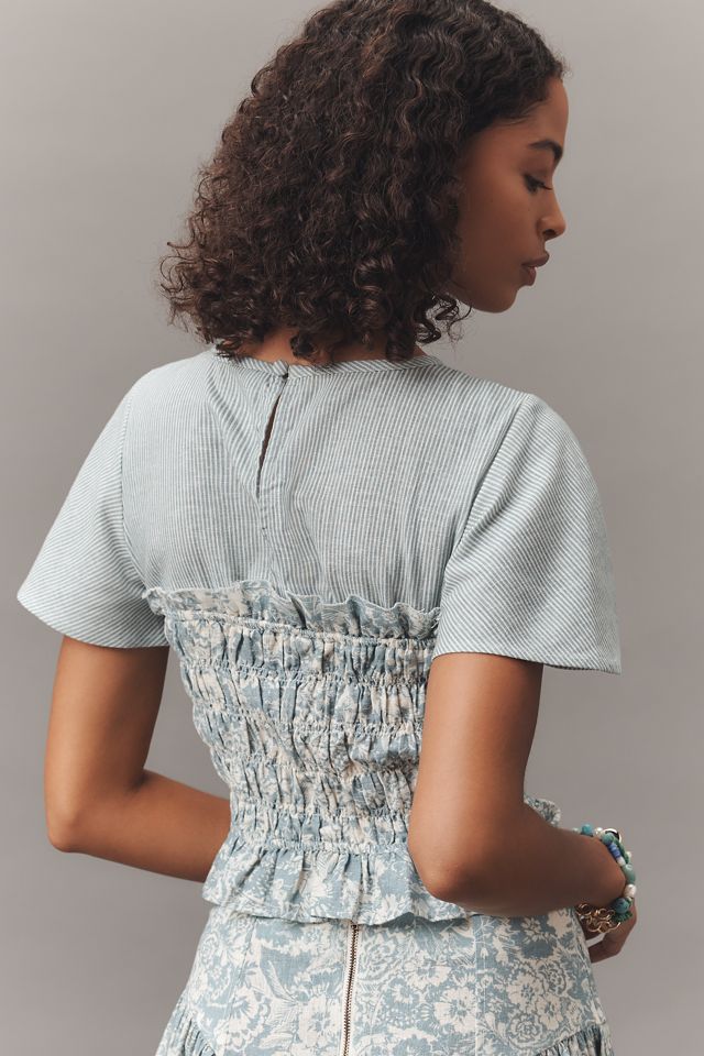 By Anthropologie Short-Sleeve Smocked Linen Twofer Top
