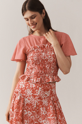 By Anthropologie Short-sleeve Smocked Linen Twofer Top