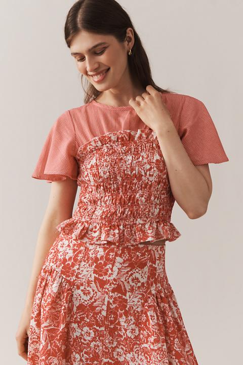 By Anthropologie Short-Sleeve Smocked Linen Twofer Top