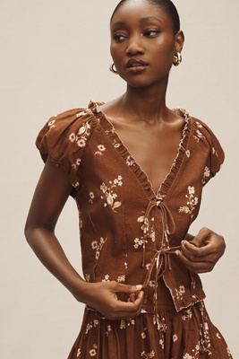 By Anthropologie Puff-sleeve Tie-front Linen Top In Multicolor
