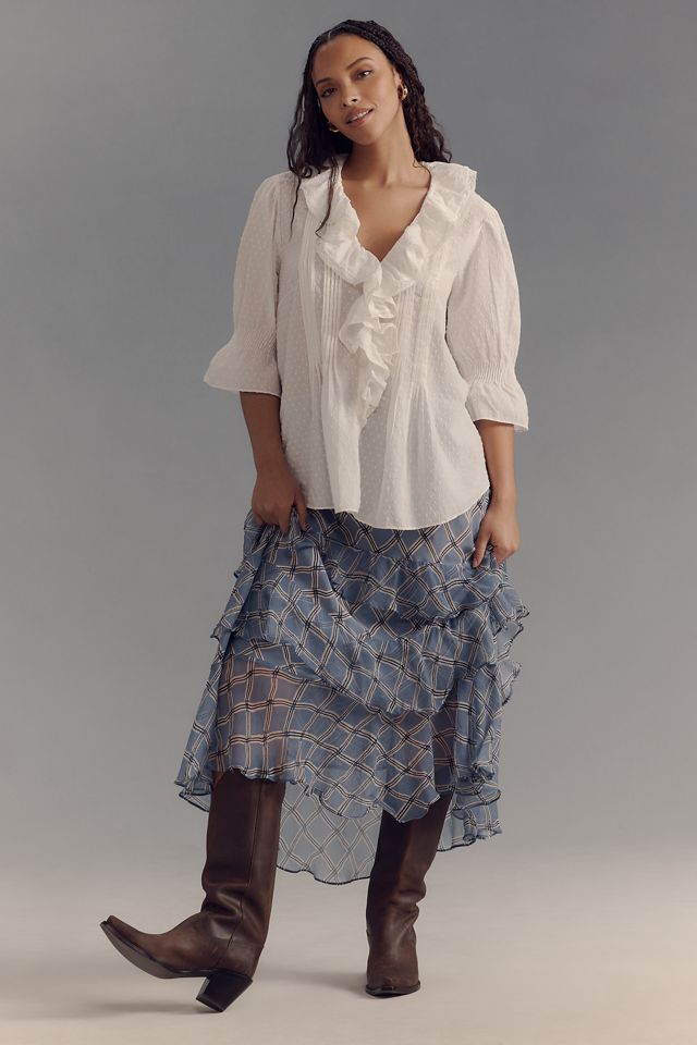 By Anthropologie Ruffled Pin-Tuck Button-Front Blouse #8
