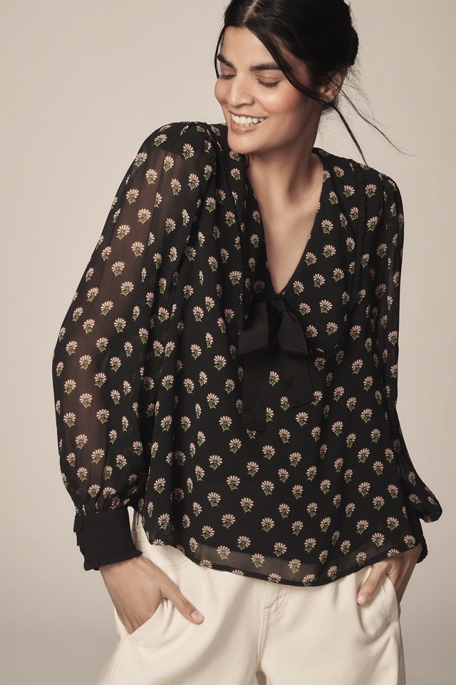 Maeve Long-Sleeve Collared Bow Blouse #2