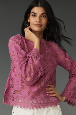 By Anthropologie Long-sleeve Lace Patches Blouse In Purple