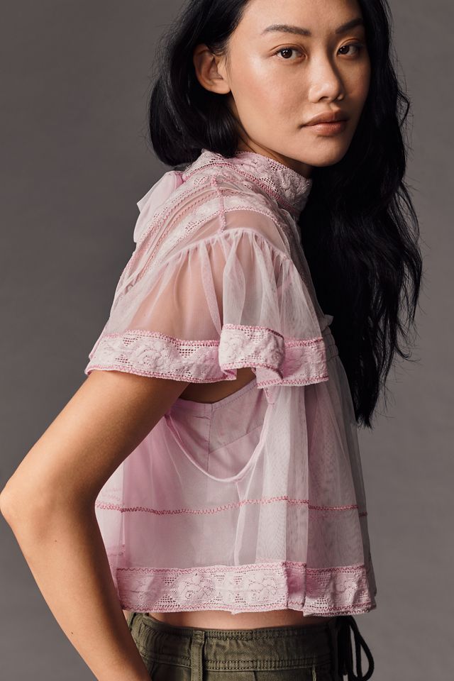 By Anthropologie Short-Sleeve Mesh Lace Swing Blouse #4