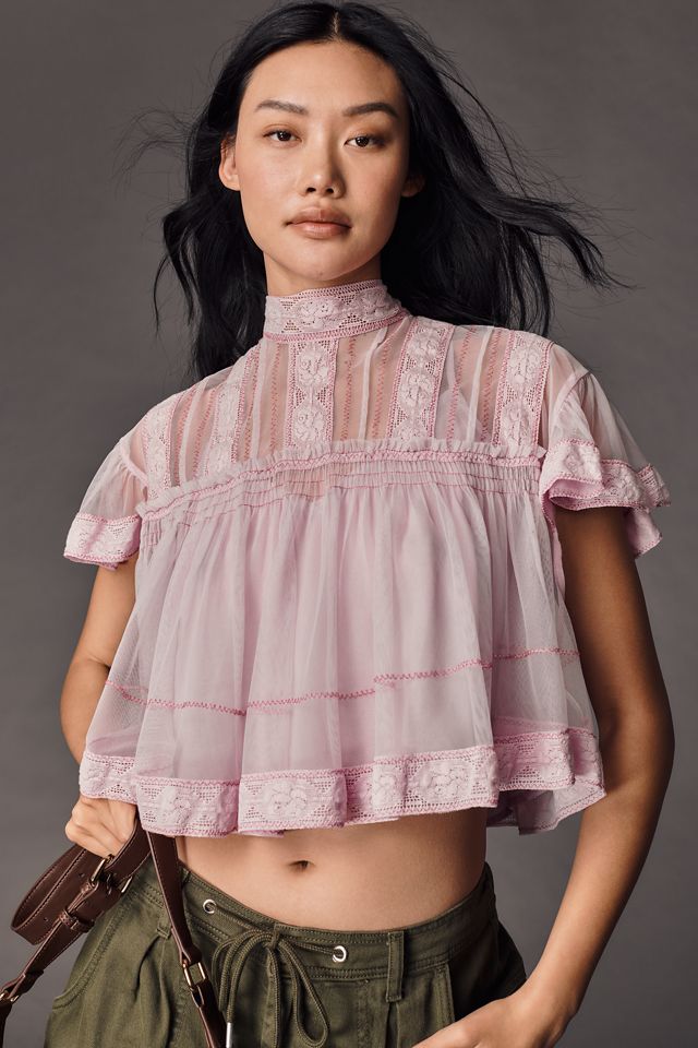 By Anthropologie Short-Sleeve Mesh Lace Swing Blouse #1