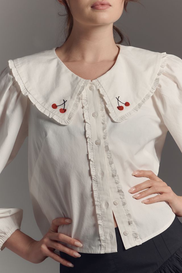 Maeve Long-Sleeve Collared Ruffle-Front Blouse #2