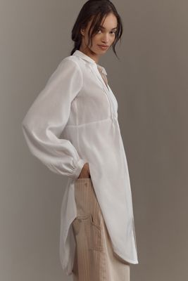 By Anthropologie Long-Sleeve Collared Linen Peplum Blouse