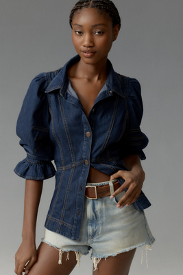 By Anthropologie Puff-sleeve Denim Buttondown Shirt In Blue