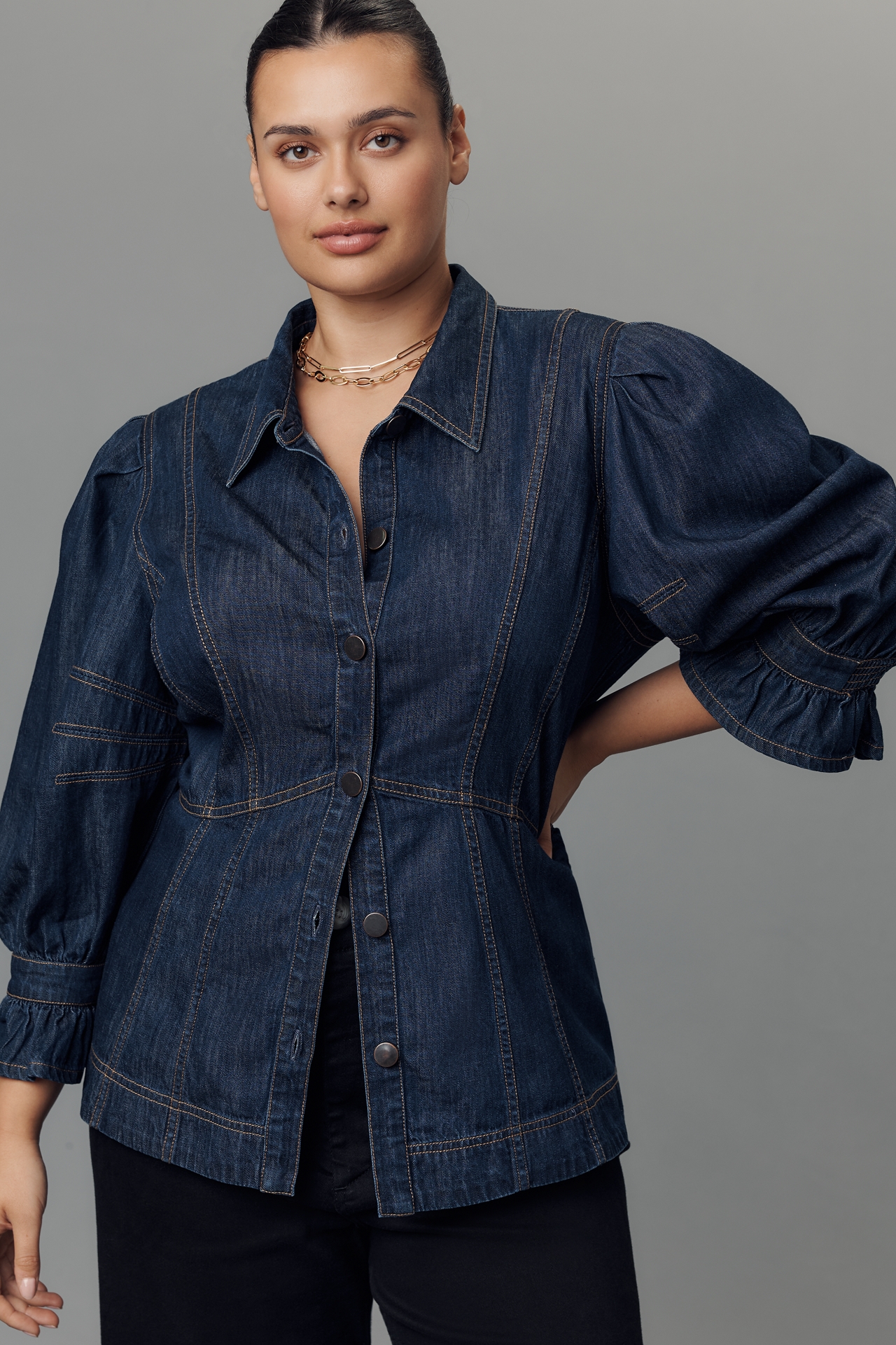 By Anthropologie Puff-Sleeve Denim Buttondown Shirt