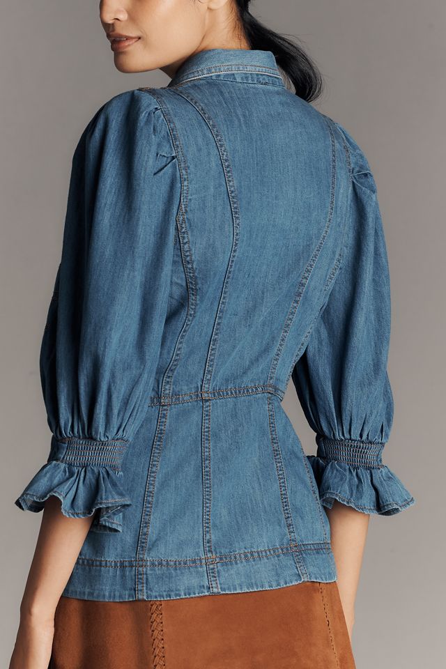 By Anthropologie Puff-Sleeve Denim Buttondown Shirt #3