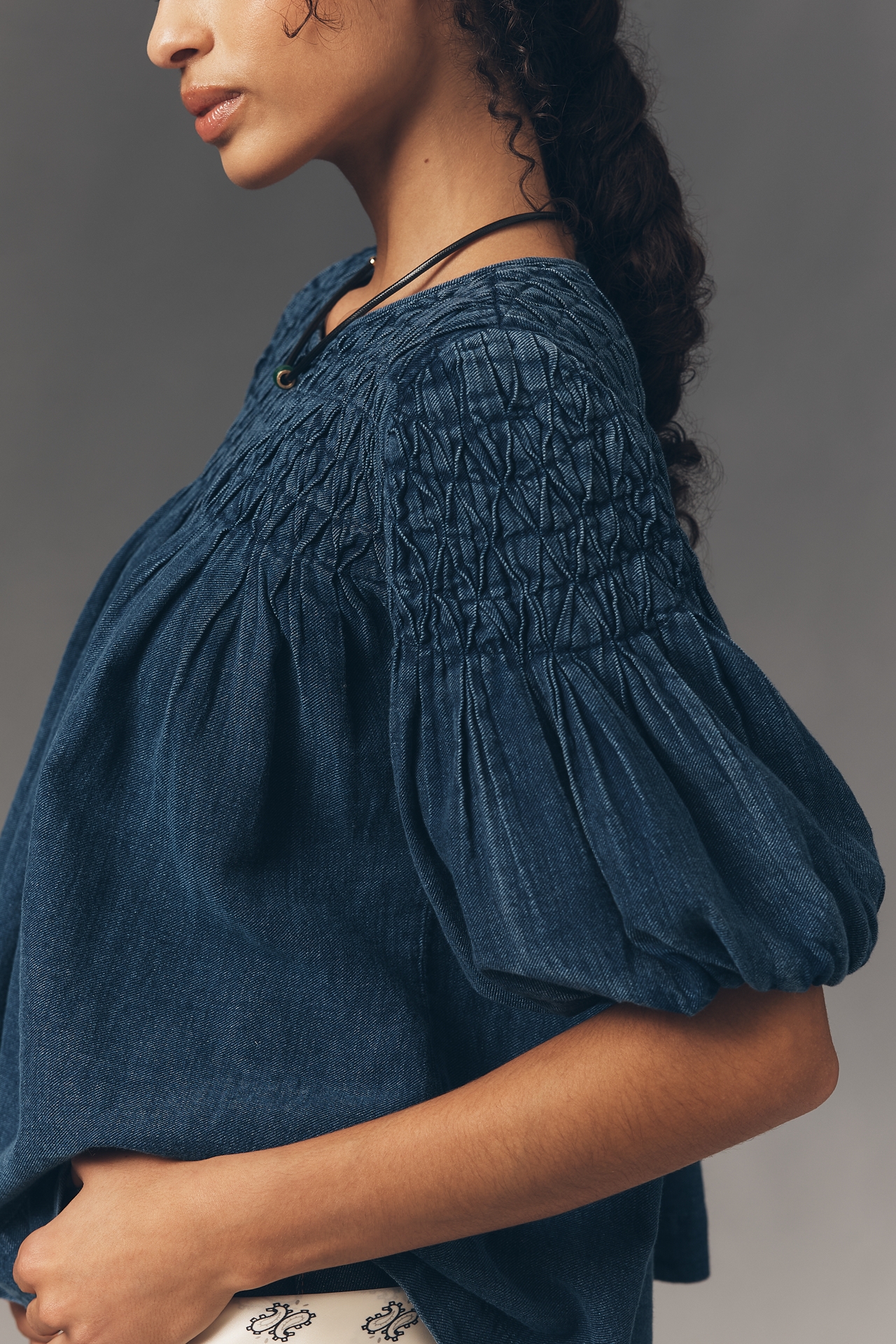 The Liza Smocked Puff-Sleeve Denim Blouse
