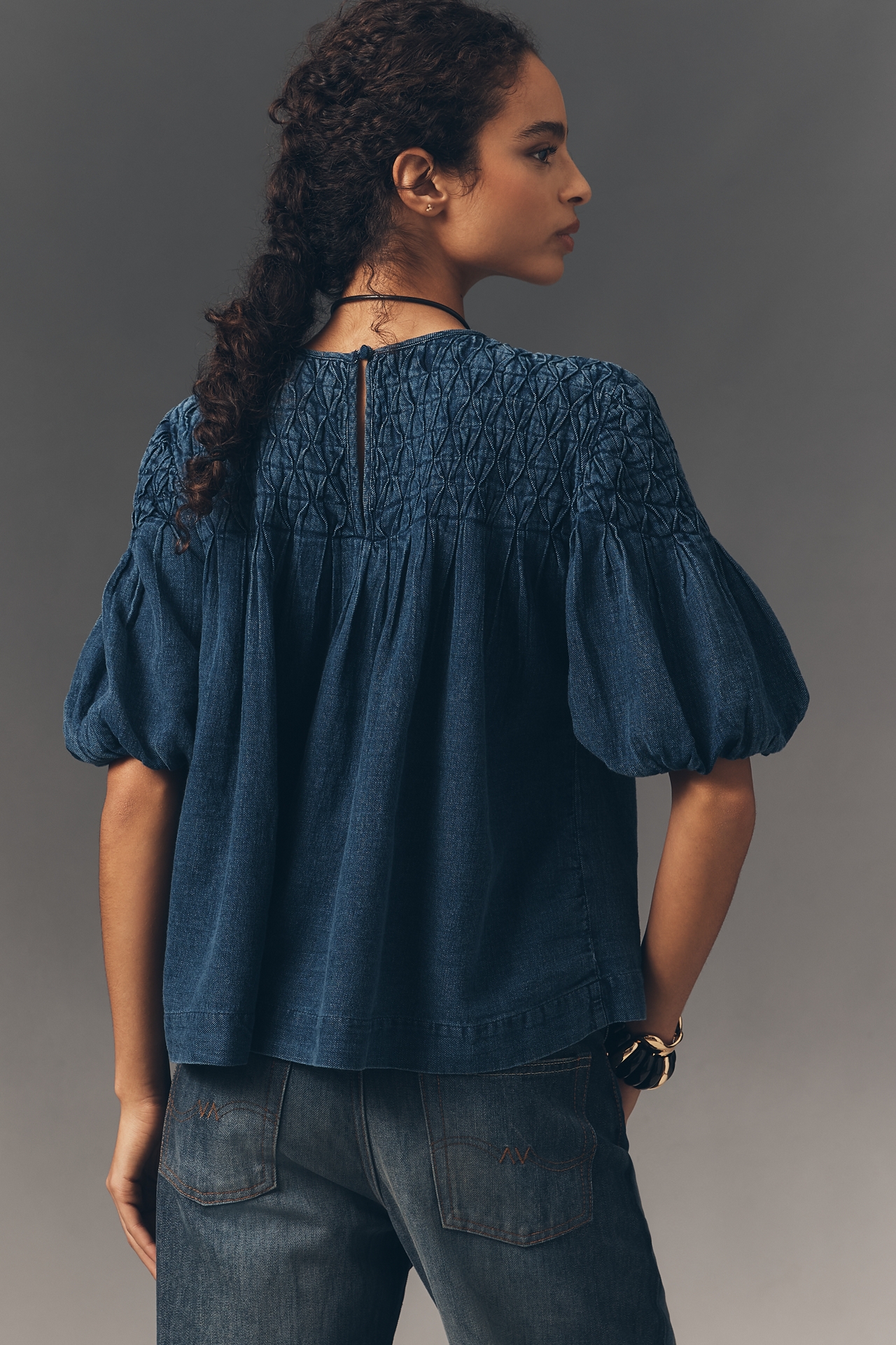 The Liza Smocked Puff-Sleeve Denim Blouse