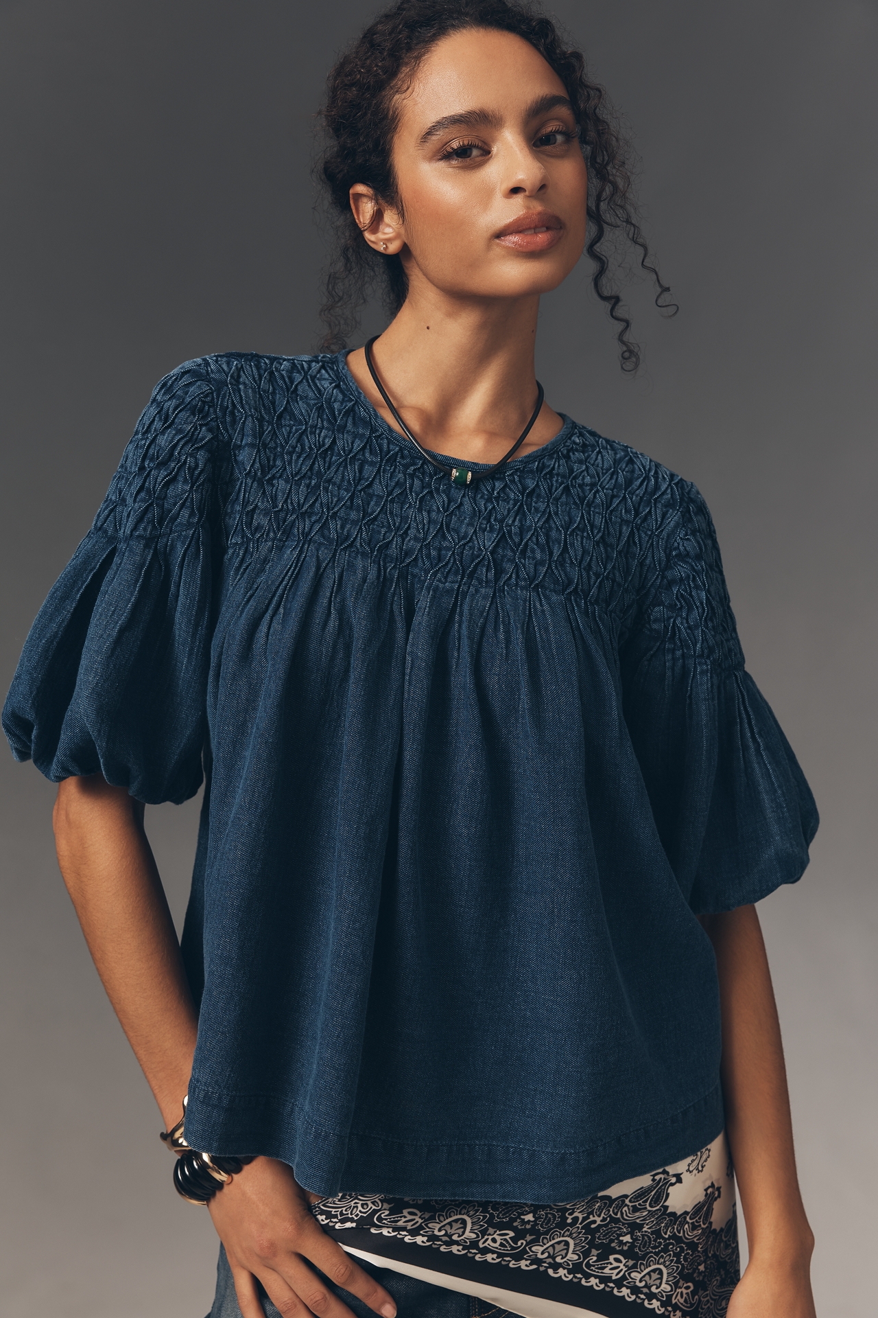 The Liza Smocked Puff-Sleeve Denim Blouse