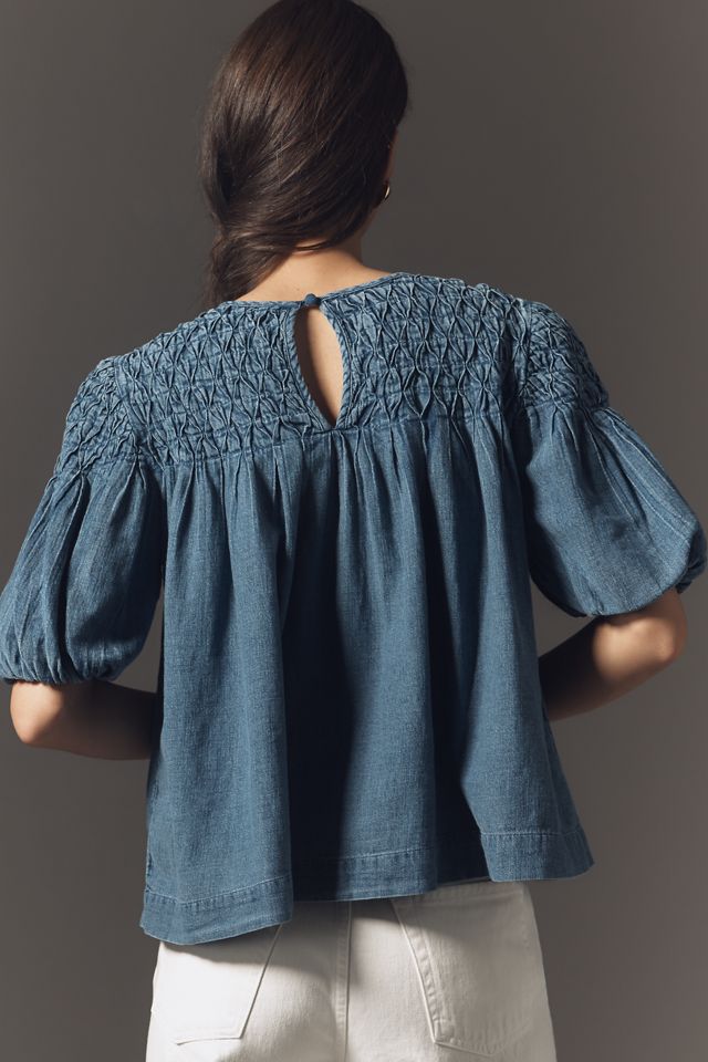 The Liza Smocked Puff-Sleeve Denim Blouse #1
