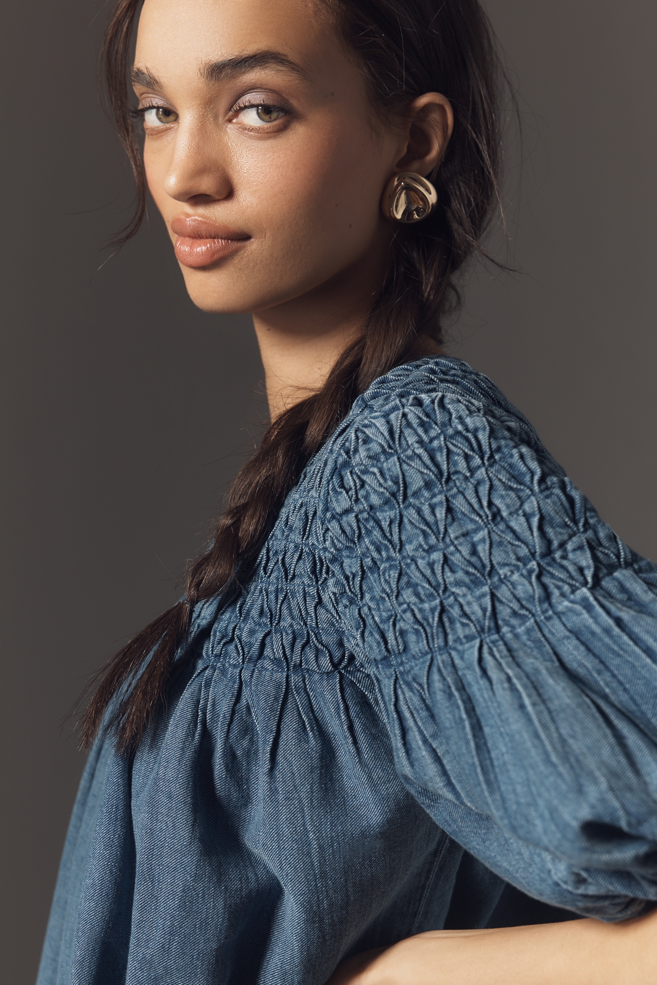 The Liza Smocked Puff-Sleeve Denim Blouse