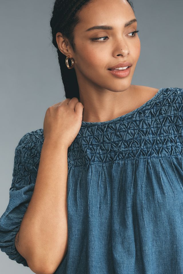 The Liza Smocked Puff-Sleeve Denim Blouse #5