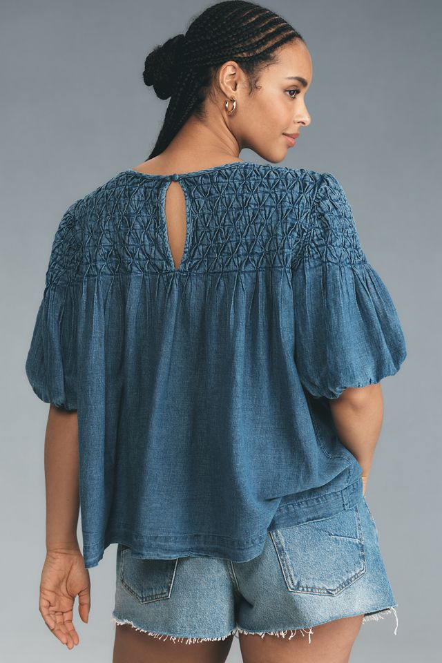 The Liza Smocked Puff-Sleeve Denim Blouse #6