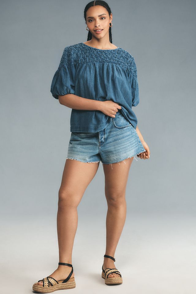 The Liza Smocked Puff-Sleeve Denim Blouse #7