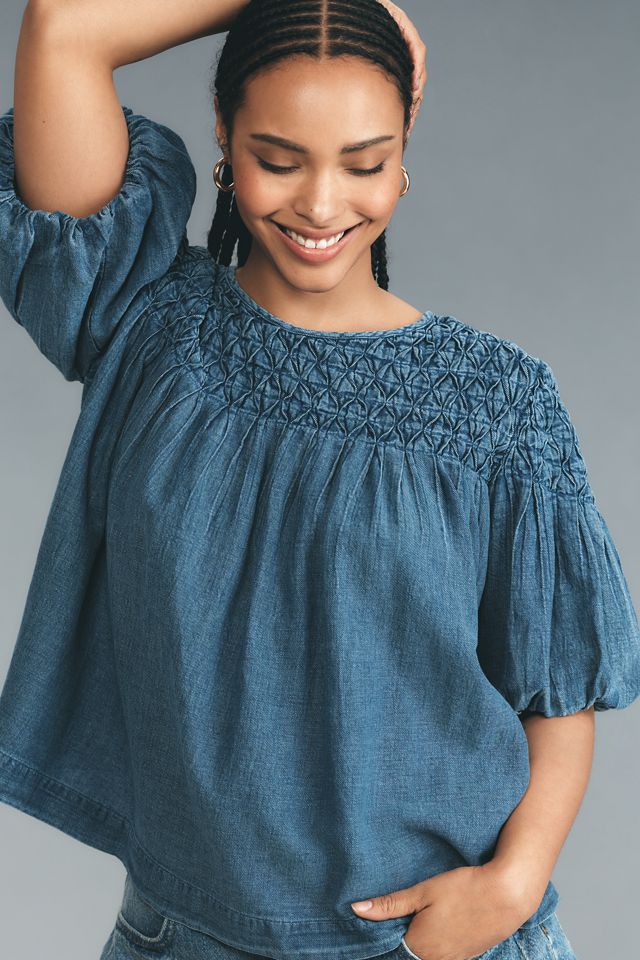 The Liza Smocked Puff-Sleeve Denim Blouse #4