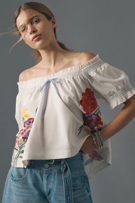 By Anthropologie Balloon-Sleeve Collared Shirred Blouse