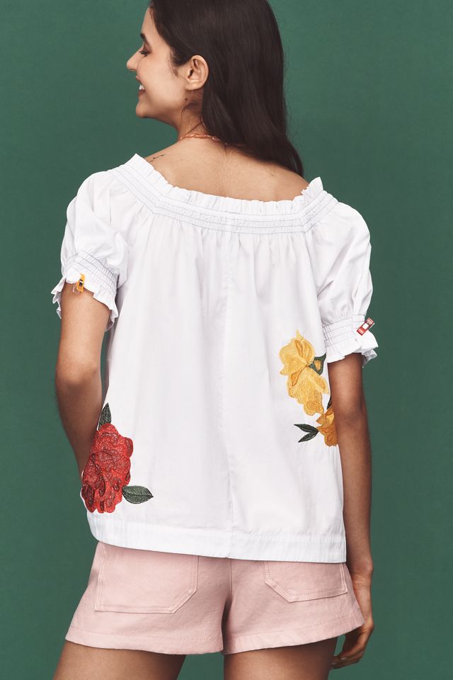 By Anthropologie Puff-Sleeve Tie-Front Embroidered Blouse