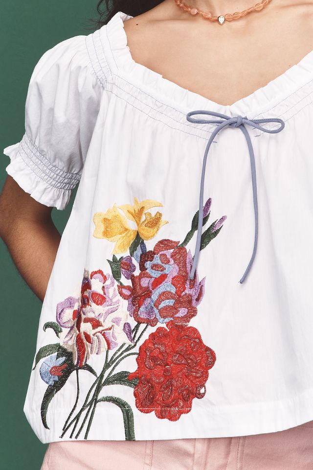 By Anthropologie Puff-Sleeve Tie-Front Embroidered Blouse