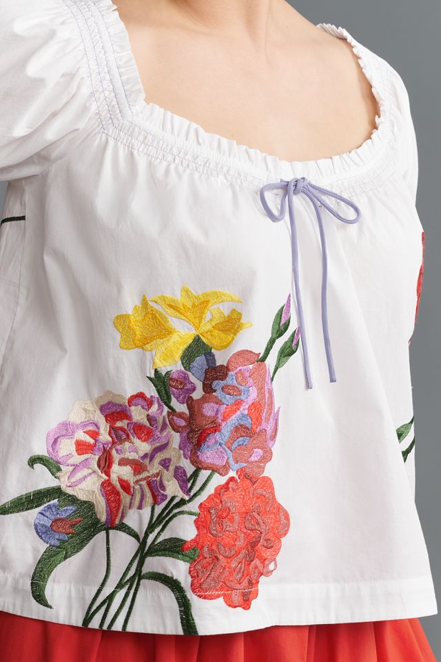 By Anthropologie Puff-Sleeve Tie-Front Embroidered Blouse #6