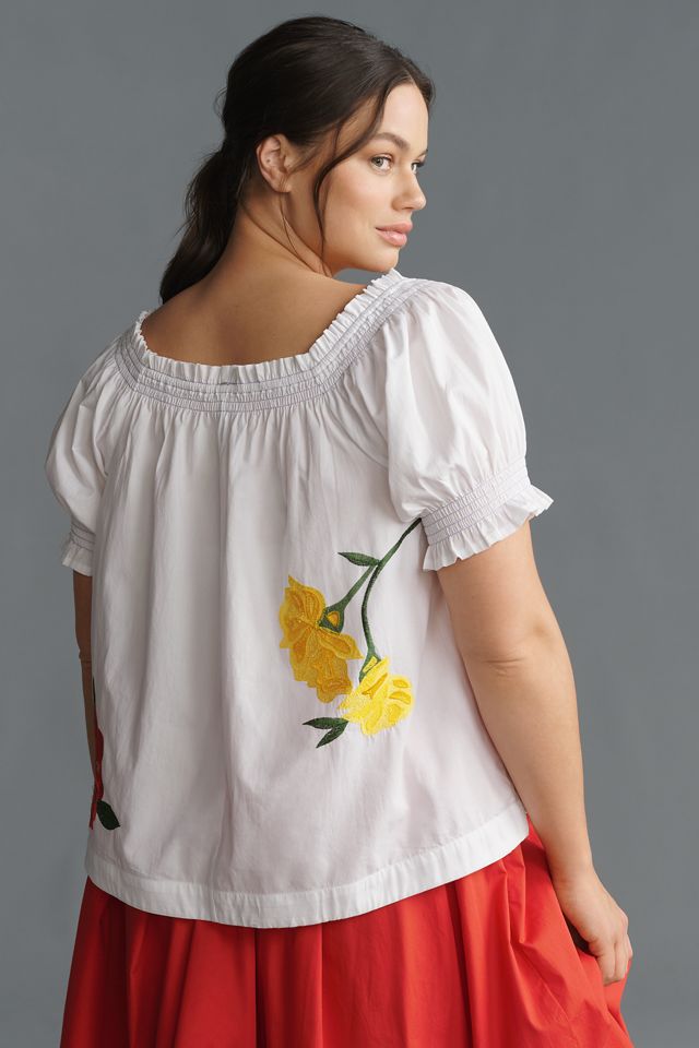 By Anthropologie Puff-Sleeve Tie-Front Embroidered Blouse #7