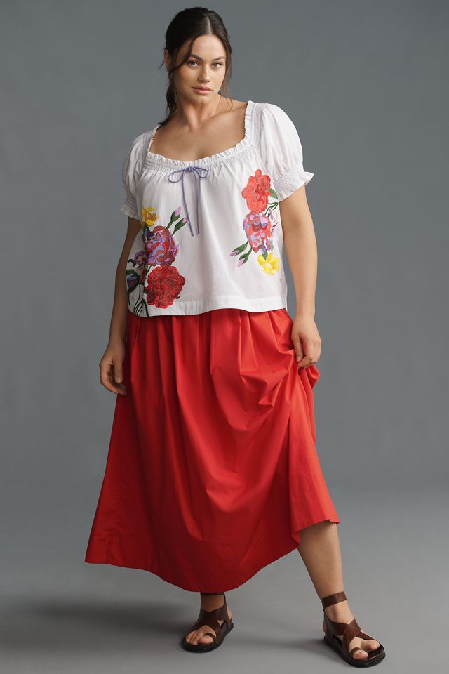 By Anthropologie Puff-Sleeve Tie-Front Embroidered Blouse #8